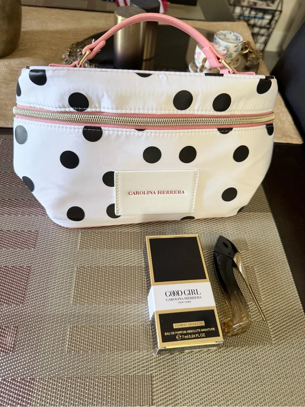 Carolina Herrera White Polka Dot Cosmetic Case with Pink Trim